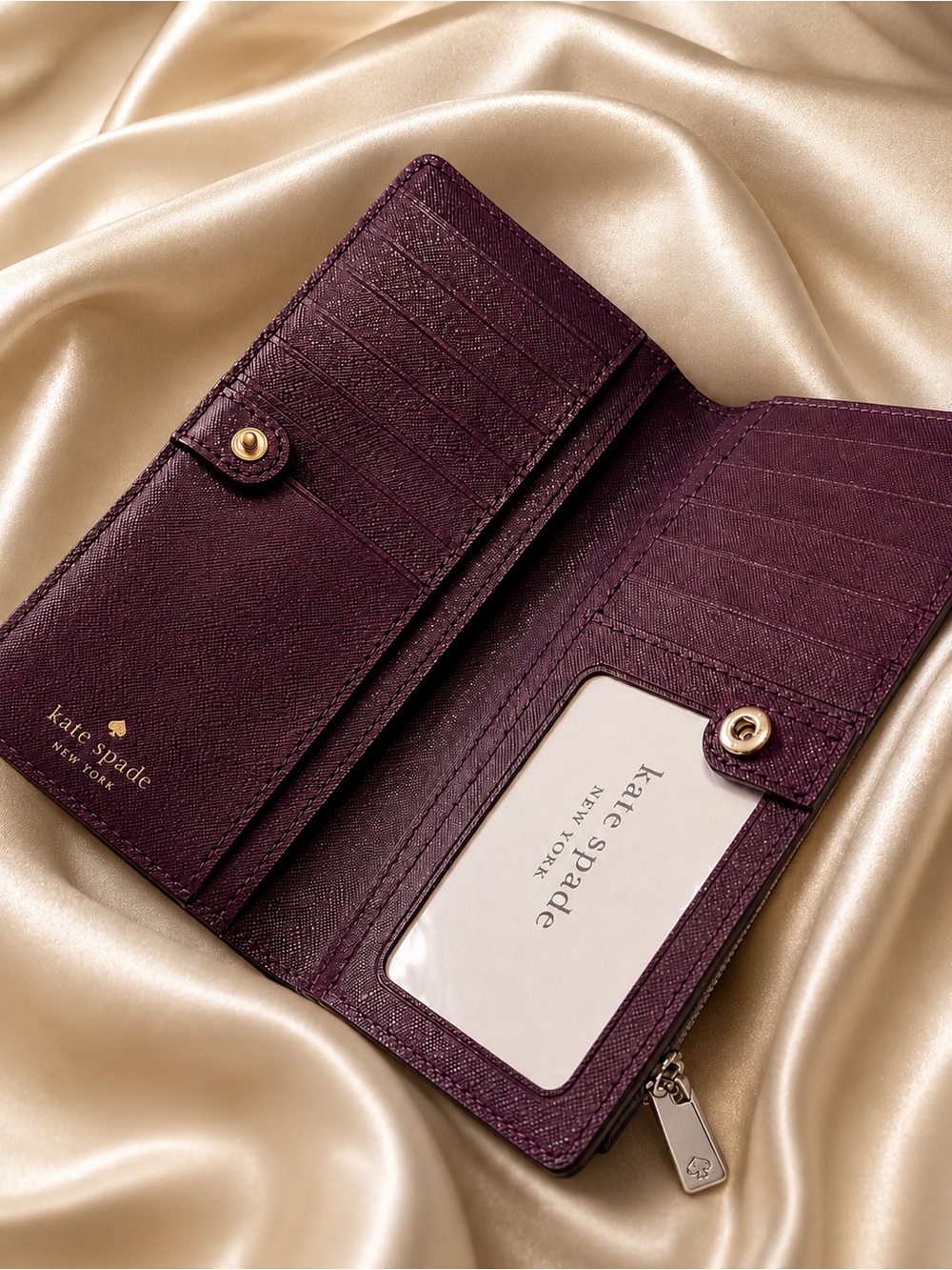 Kate Spade Grey Pebbled Large Slim Wallet with Burgundy Interor EUC with Tags - Picture 3 of 16